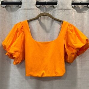 NWT Anthropologie Cotton Orange Short Puff Sleeve Tie Back Top Women’s size M